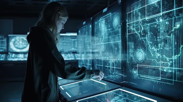 Une femme se tient à une table avec un écran de technologie qui dit "l'avenir de demain"