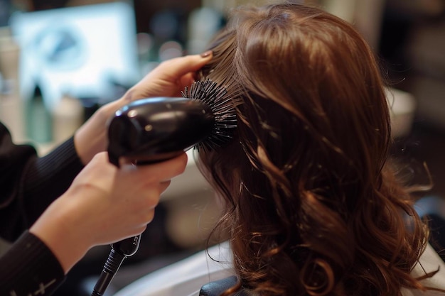 Photo une femme sèche ses cheveux dans un salon