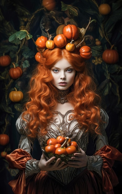 Une femme séduisante, un vampire aux cheveux roux, tenant des gourdes décoratives, fond d'automne d'Halloween.