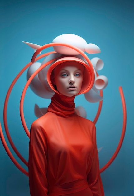 Une femme semblable à un androïde portant une tenue rouge et blanche inhabituelle, un fond de mode futuriste.