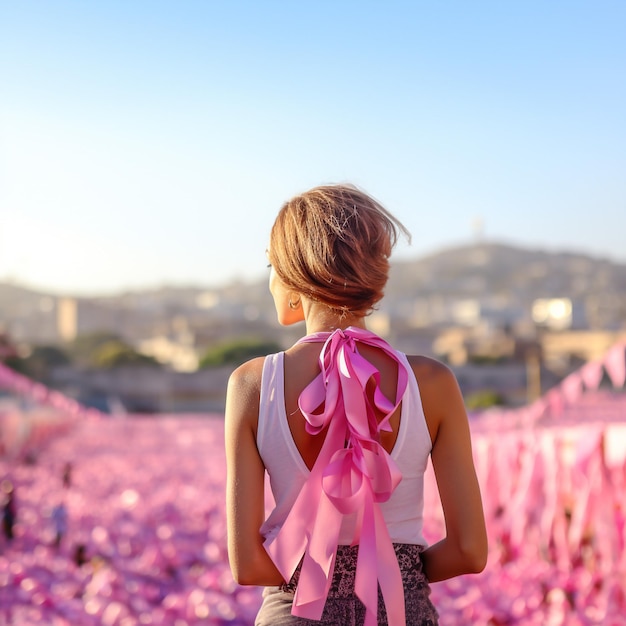 Femme de sensibilisation au cancer du sein en t-shirt rose avec ruban rose satiné sur sa poitrine soutenant