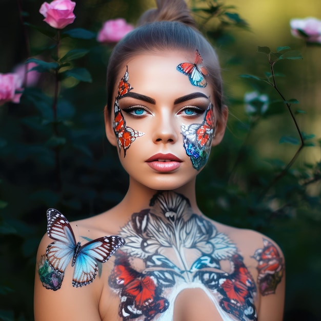 Femme sensuelle avec art corporel et yeux et lèvres colorés papillons et fleurs ai générative