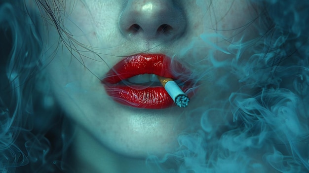 Une femme sensuelle aux lèvres rouges fumant une cigarette
