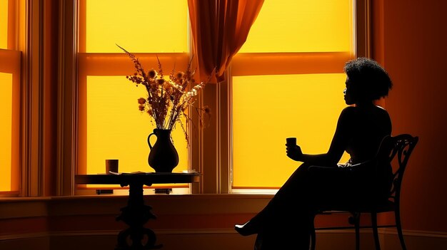 Une femme sereine apprécie sa routine matinale avec une tasse de café dans son bureau confortable.