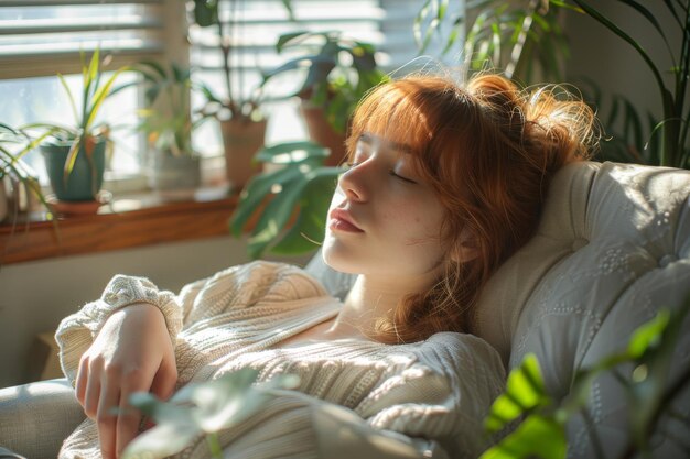 Une femme sereine apprécie le soleil près des plantes d'intérieur