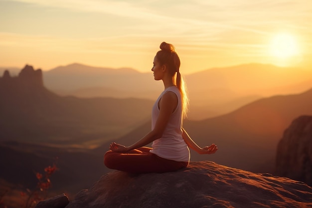 Femme sereine assise au sommet et méditant au lever du soleil Generative Ai