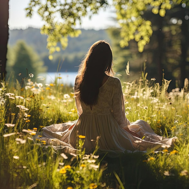 Une femme sereine assise sur l'herbe dans un cadre romantique