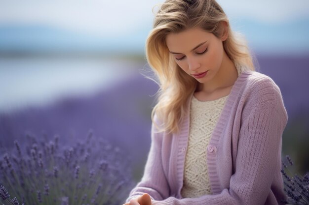 Une femme sereine au pastel réfléchit paisiblement sur fond de lavande