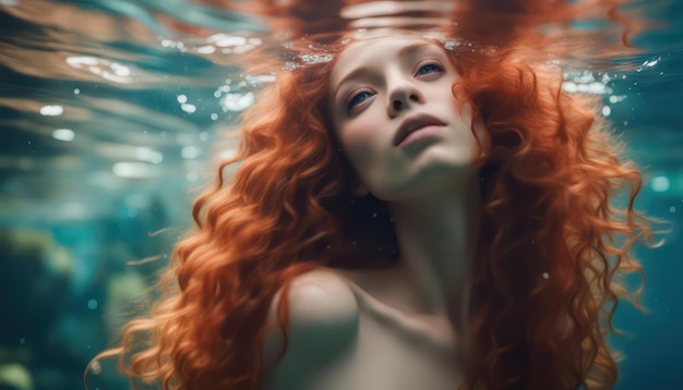 Une femme sereine aux cheveux roux frappants flotte gracieusement sous la surface de l'eau.