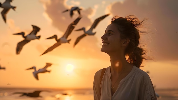 Une femme sereine embrassant la nature au coucher du soleil avec des oiseaux volants un moment de tranquillité capturé évoquant la paix et la liberté AI