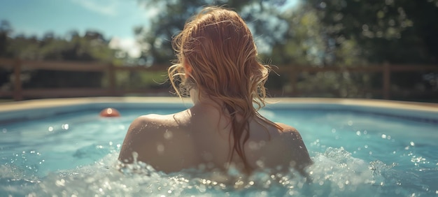 Photo une femme sereine d'été se détend dans la piscine au coucher du soleil