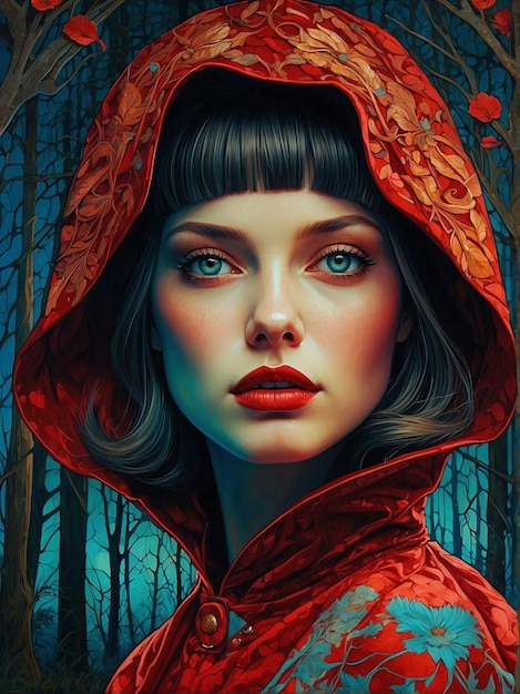 Une femme sereine avec un foulard rouge dans une forêt paisible.