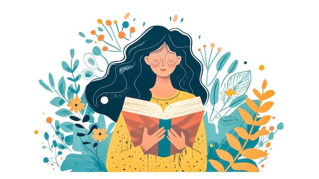 Une femme sereine lisant parmi les illustrations de la nature