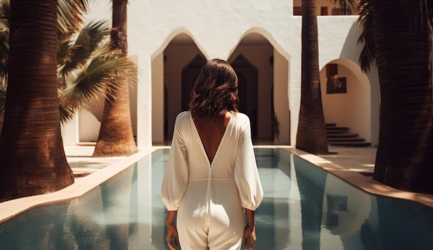 Photo femme sereine marchant au bord de la piscine dans une chemise blanche et une robe générée par l'ia