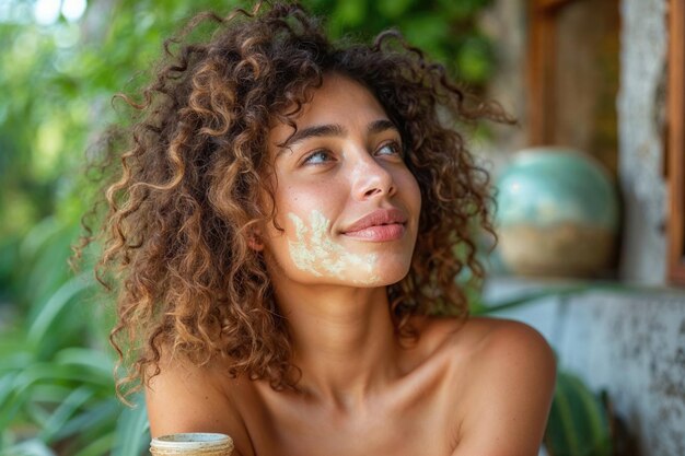 Une femme sereine qui se détend à l'extérieur, en contact avec la nature.