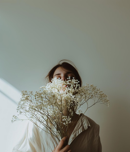 Femme sereine tenant des fleurs blanches douces contre un fond neutre IA générative