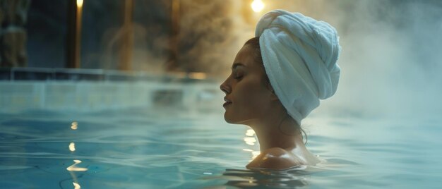 Une femme sereine trempée dans une piscine de spa tranquille entourée de brume