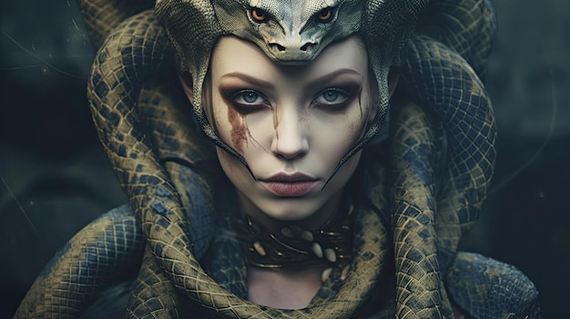 Une femme avec un serpent sur la tête