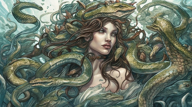Une femme avec des serpents verts sur la tête