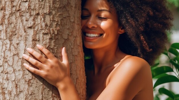 une femme serrant un arbre avec ses mains sur le tronc