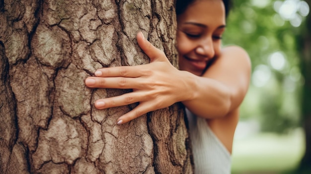 une femme serrant un arbre avec ses mains sur le tronc