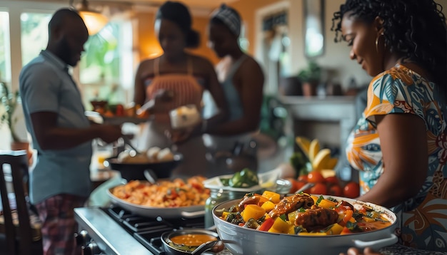 Une femme sert de la nourriture à un groupe de personnes dans une cuisine