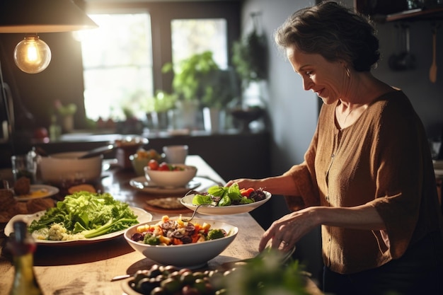 Femme servant un dîner fait maison