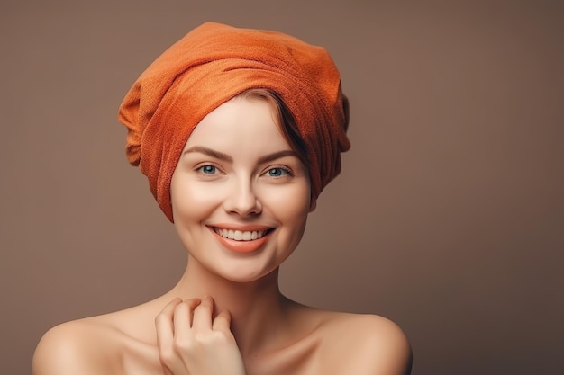 Une femme avec une serviette sur la tête porte une serviette sur la tête.