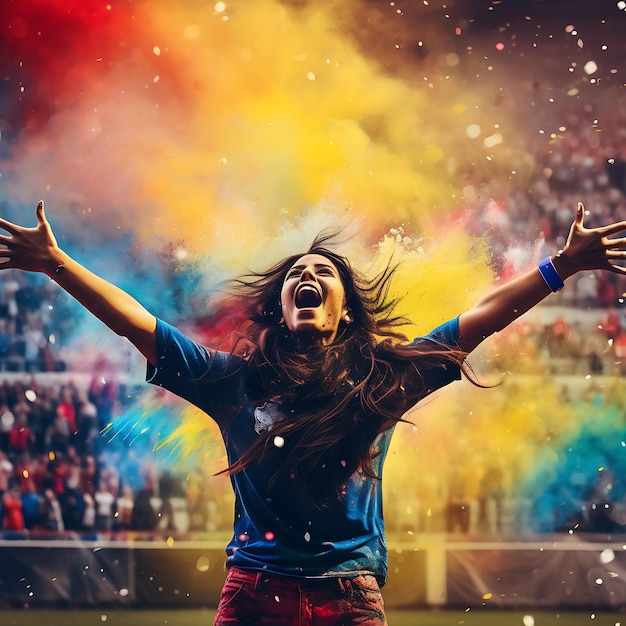 une femme avec ses bras en l'air concept de football féminin