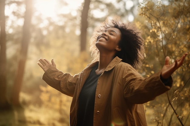 Une femme avec ses bras tendus en l'air, souriant et regardant le soleil