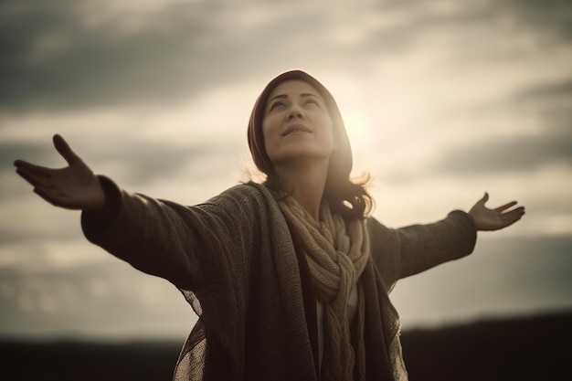 Une femme avec ses bras tendus devant un ciel nuageux