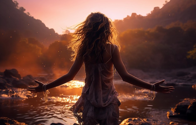 Une femme avec ses bras tendus devant une rivière avec le soleil se couchant derrière elle.