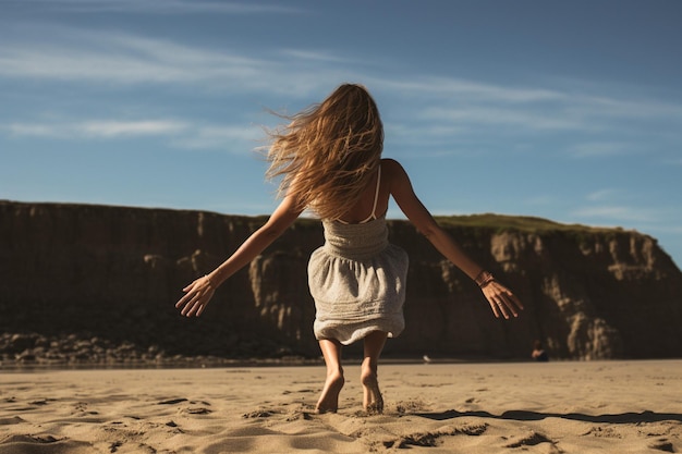 Photo une femme avec ses bras tendus sur une plage avec une falaise en arrière-plan