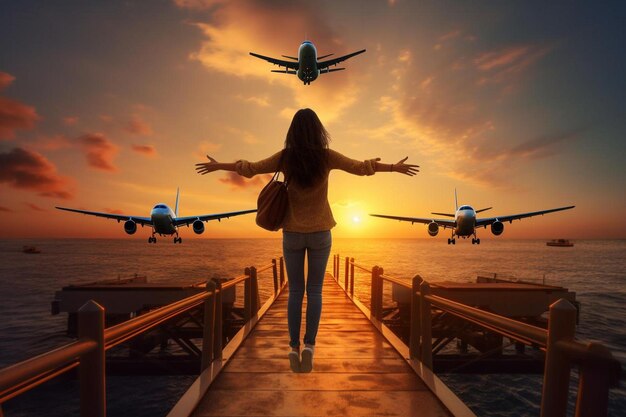 Photo une femme avec ses bras tendus regardant des avions volant au-dessus d'une jetée au coucher du soleil