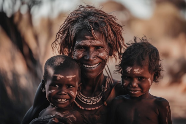 Une femme avec ses enfants dans un désert