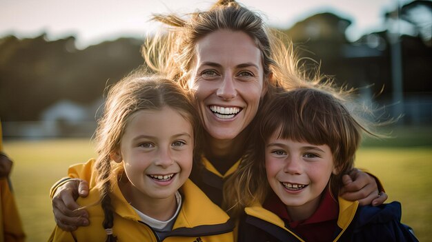 Une femme avec ses enfants en veste jaune sourit à la caméra.