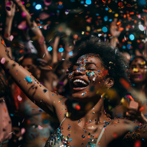 une femme avec ses mains en l'air et le confetti sur son visage