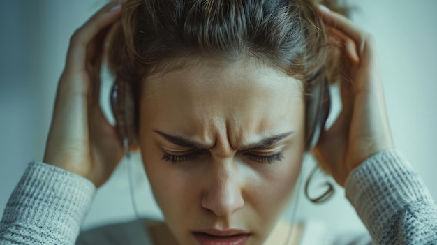 Photo une femme avec ses mains sur ses oreilles essayant de fermer le bruit et le chaos