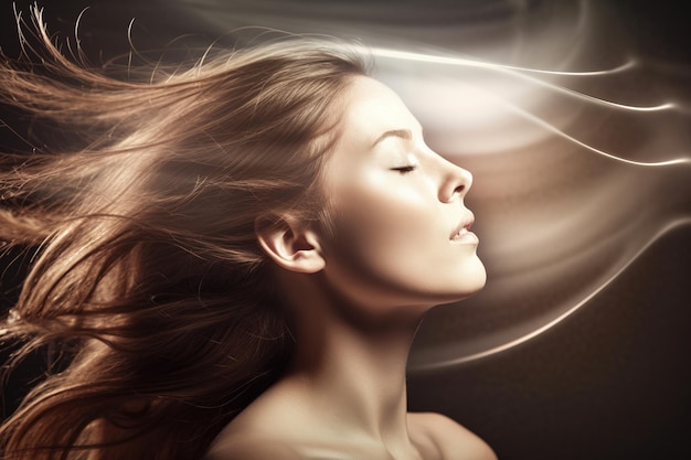 Une femme avec ses yeux fermés et ses cheveux au vent