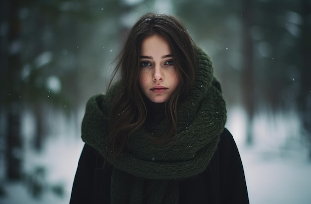 Femme seule dans la forêt pendant une neige hivernale