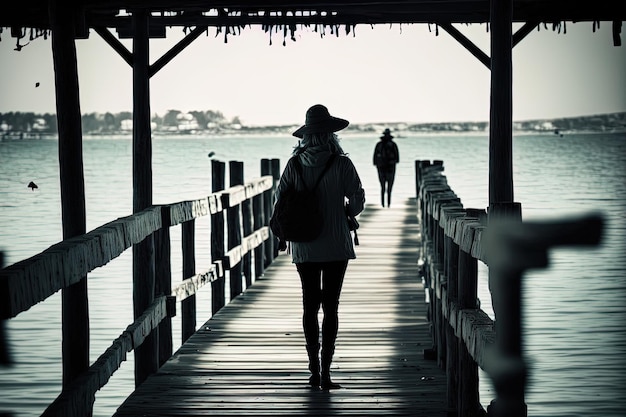 Femme seule avec lac et pont en bois