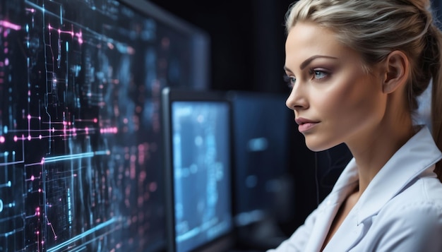 Photo une femme sévère, concentrée et attrayante qui pense à l'analyse de données, à la technologie numérique.