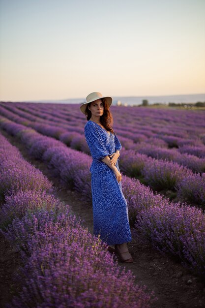 Femme sexy au coucher du soleil de champs de lavande en fleurs, profitant de la nature