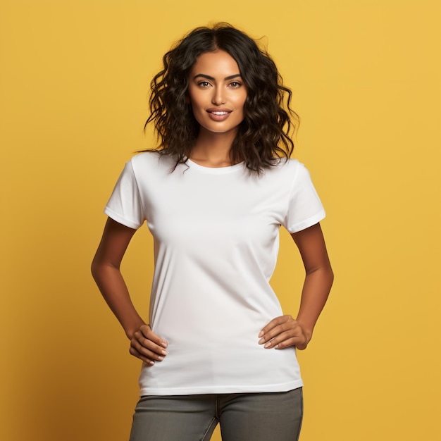 Femme sexy dans un T-shirt blanc sur fond orange Maquette