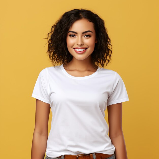 Femme sexy dans un T-shirt blanc sur fond orange Maquette