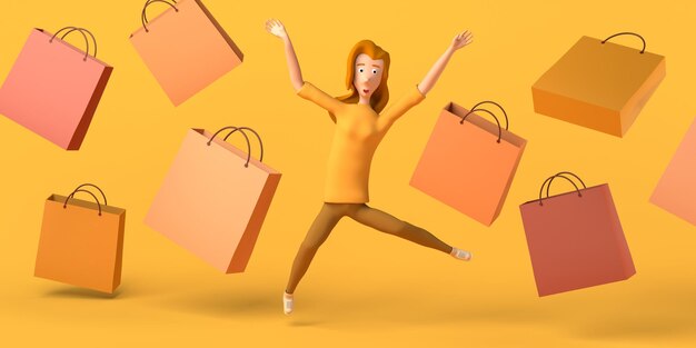 Femme shopping en ligne avec smartphone et sac à provisions Espace de copie Illustration 3D Dessin animé