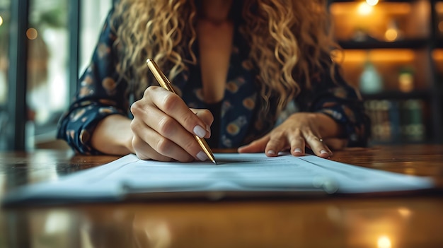 Photo une femme signant des documents importants.