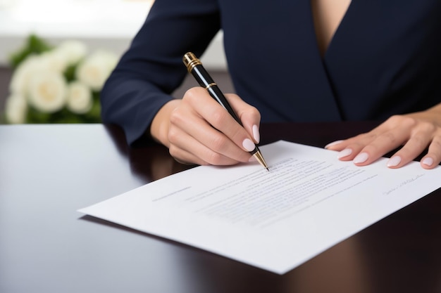 Photo une femme signe un contrat prénuptial