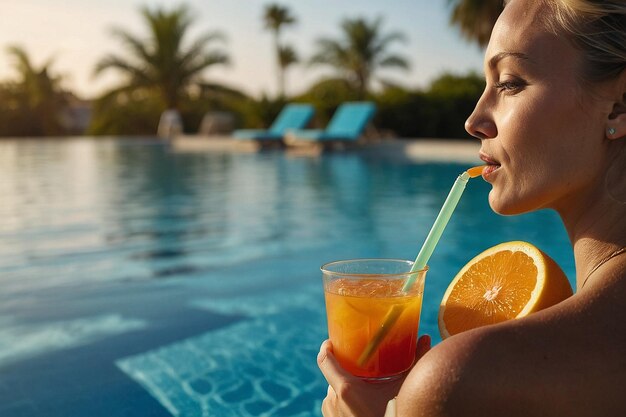 Photo une femme sirotant du jus de désintoxication près de la piscine.