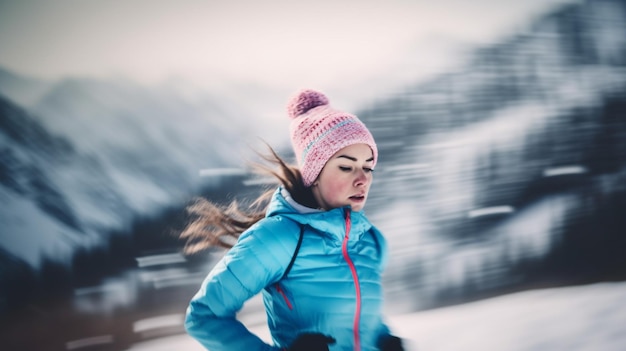 Une femme skiant dans une veste bleue avec un chapeau rose.